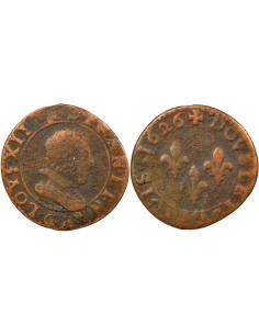 Louis XIII Type 3 1 double tournois Cuivre 1626 G Poitiers