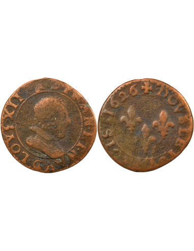 Louis XIII Type 3 1 double tournois Cuivre 1626 G Poitiers