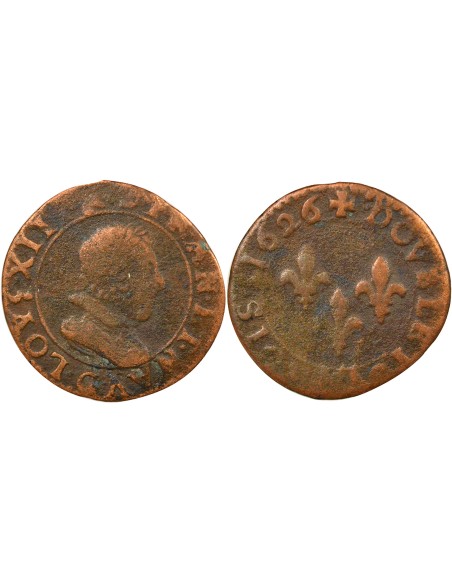 Louis XIII Type 3 1 double tournois Cuivre 1626 G Poitiers