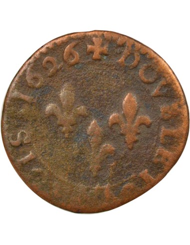 Louis XIII Type 3 1 double tournois Cuivre 1626 G Poitiers