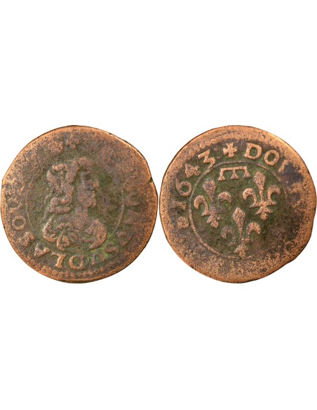 Principauté de Dombes Gaston d'Orléans Type 16 1 double tournois Cuivre 1643 Trévoux