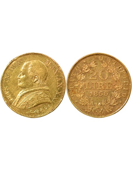 Etat Pontifical Pie IX 20 lire Or 1866 R Rome