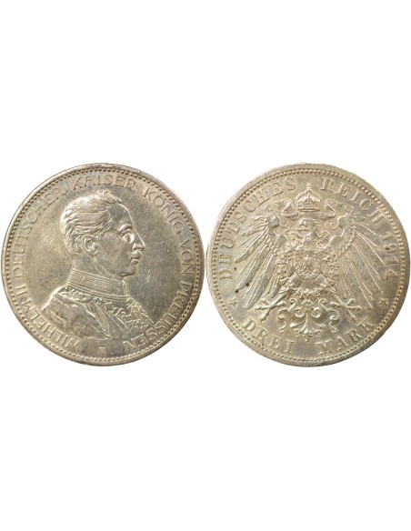 Etats Allemands (Prusse) Guillaume II 3 mark Argent 1914 A Berlin