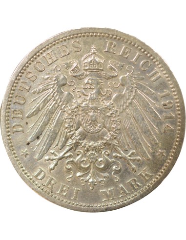 Etats Allemands (Prusse) Guillaume II 3 mark Argent 1914 A Berlin