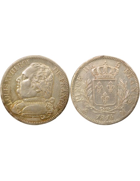 Louis XVIII Au Buste Habillé 5 francs Argent 1814 M Toulouse