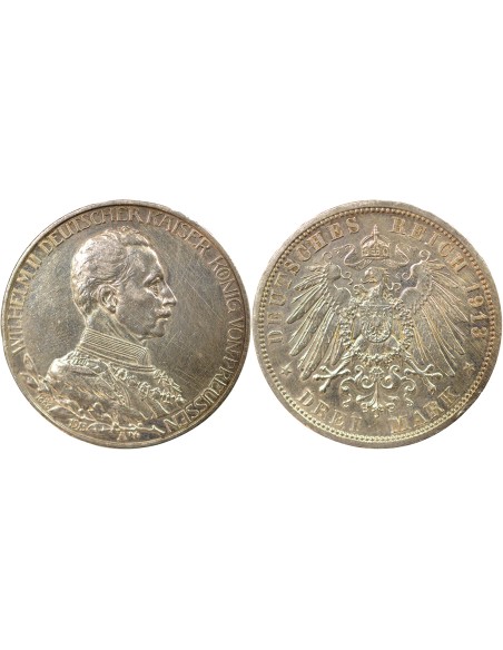 Etats Allemands (Prusse) Guillaume II 3 mark Argent 1913 A Berlin