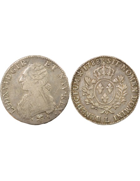 Louis XVI Aux Rameaux d'Olivier 1 ecu Argent 1788 L Bayonne
