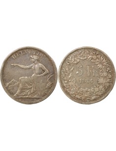Suisse Helvetia Assise 5 francs Argent 1874 B. Bruxelles