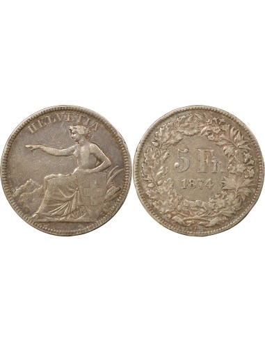 Suisse Helvetia Assise 5 francs Argent 1874 B. Bruxelles