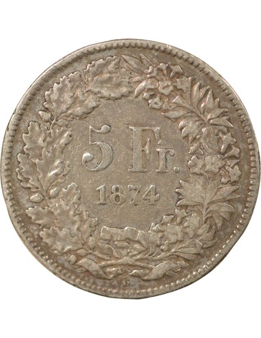 Suisse Helvetia Assise 5 francs Argent 1874 B. Bruxelles