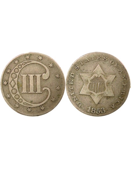 USA 1er Type 3 cents Argent 1853 Philadelphie