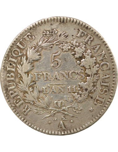 Union & Force 5 francs Argent An 11 A - Paris