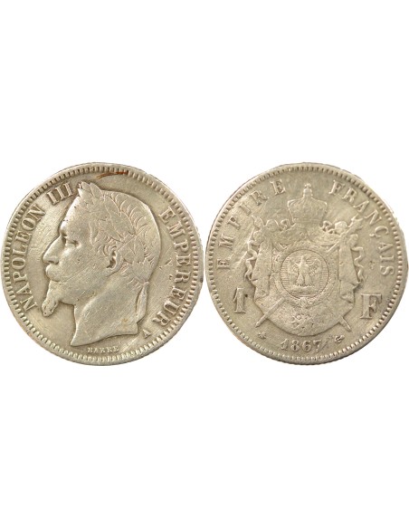 Napoléon III Tête Laurée 1 franc Argent 1867 A - Paris