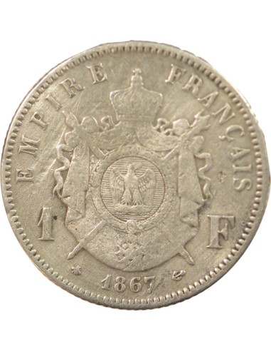 Napoléon III Tête Laurée 1 franc Argent 1867 A - Paris