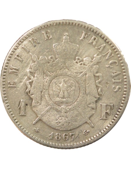 Napoléon III Tête Laurée 1 franc Argent 1867 A - Paris