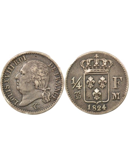 Louis XVIII Tête nue 1/4 franc Argent 1824 M Toulouse