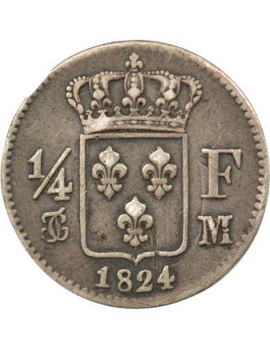 Louis XVIII Tête nue 1/4 franc Argent 1824 M Toulouse