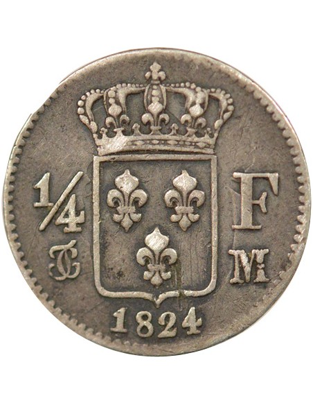 Louis XVIII Tête nue 1/4 franc Argent 1824 M Toulouse