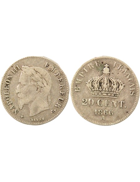 Napoléon III Tête Laurée 20 centimes Argent 1866 A - Paris