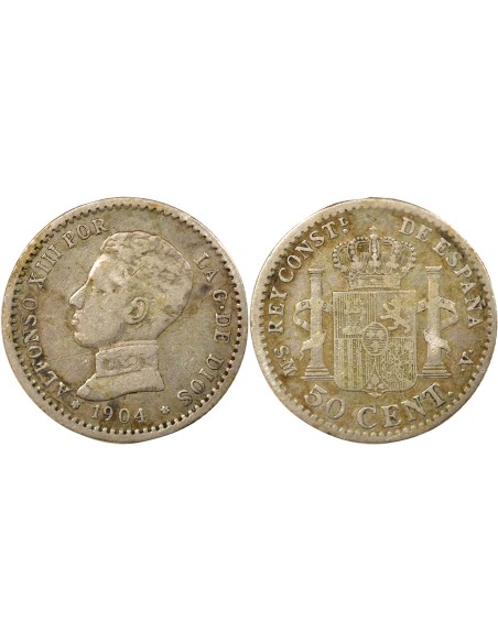 Espagne Alphonse XIII d'Espagne 4e Portrait 50 centimos Argent 1904 AI Madrid