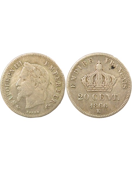 Napoléon III Tête Laurée 20 centimes Argent 1866 K Bordeaux