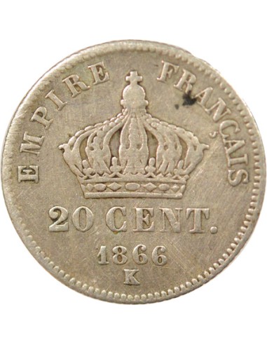Napoléon III Tête Laurée 20 centimes Argent 1866 K Bordeaux