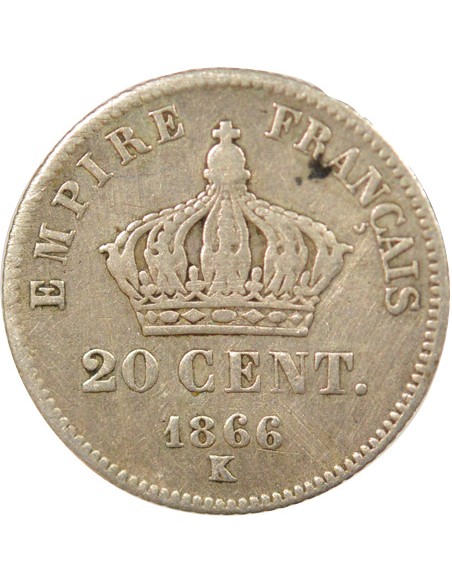 Napoléon III Tête Laurée 20 centimes Argent 1866 K Bordeaux