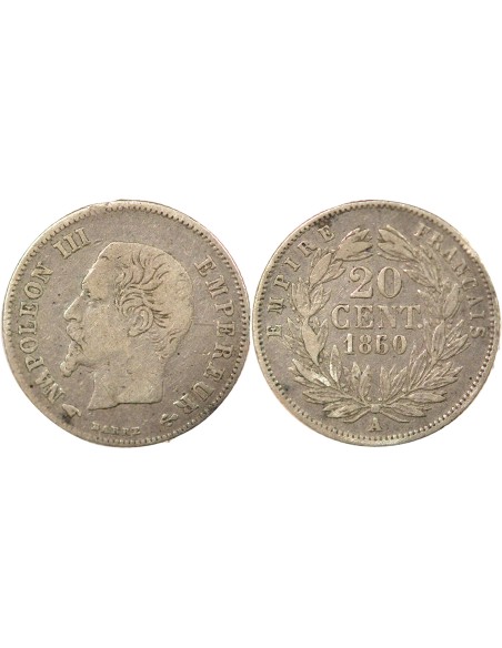Napoléon III Tête nue 20 centimes Argent 1860 A - Paris