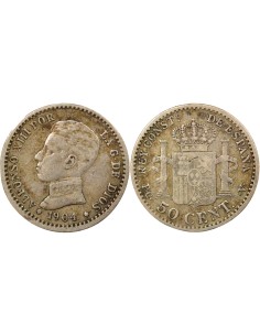Espagne Alphonse XIII d'Espagne 4e Portrait 50 centimos Argent 1904 AI Madrid