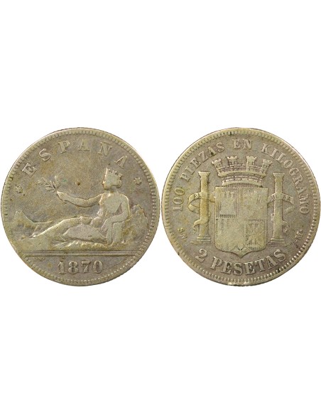 Espagne 2 pesetas Argent 1870 AI Madrid