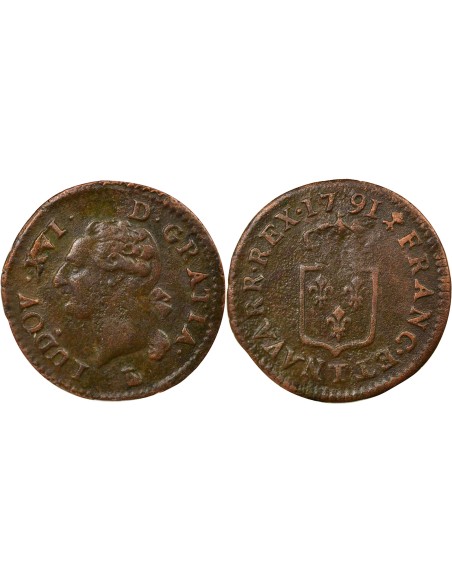 Louis XVI A l'Ecu 1 liard Cuivre 1791 T Nantes