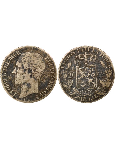 Belgique Léopold Ier Tête nue 20 centimes Argent 1853 B. Bruxelles