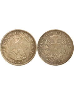 Chili 20 centavos Argent 1874 So Santiago