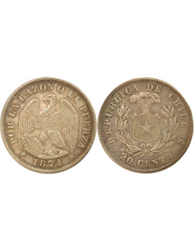 Chili 20 centavos Argent 1874 So Santiago
