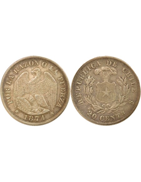 Chili 20 centavos Argent 1874 So Santiago