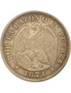 Chili 20 centavos Argent 1874 So Santiago 2