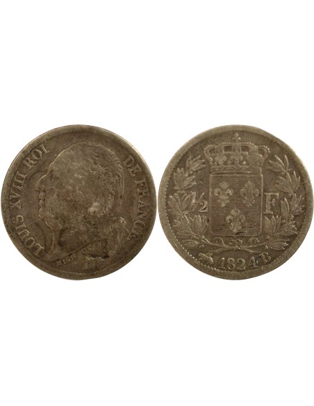 Louis XVIII 1/2 franc Argent 1824 B Rouen