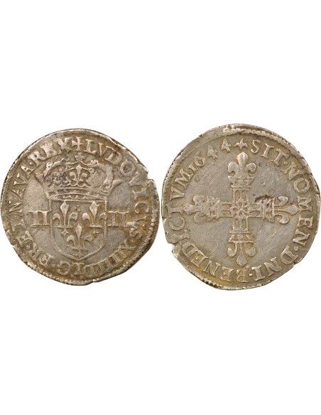 Louis XIV 1/4 ecu Argent 1644 T Nantes