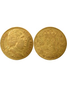 Louis XVIII Tête nue 20 francs Or 1824 W Lille