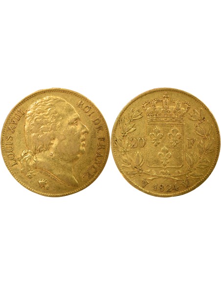 Louis XVIII Tête nue 20 francs Or 1824 W Lille