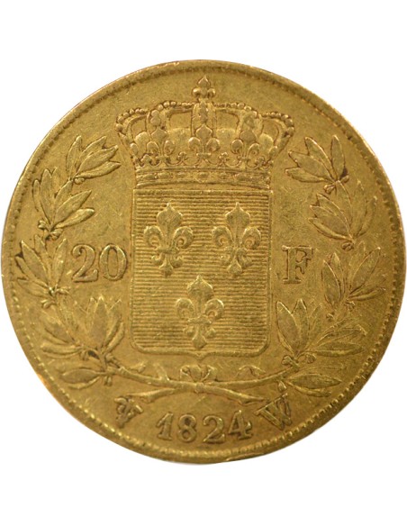 Louis XVIII Tête nue 20 francs Or 1824 W Lille