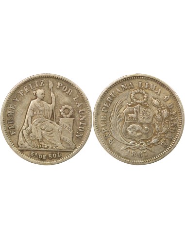 Pérou 1/5 sol Argent 1867 BF Lima