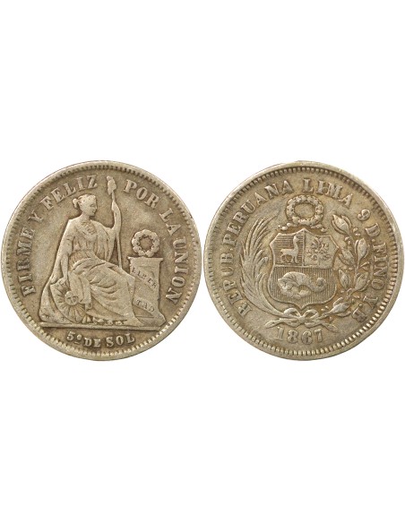 Pérou 1/5 sol Argent 1867 BF Lima