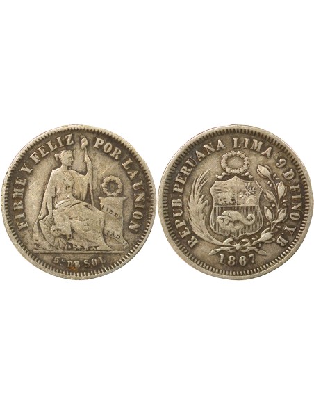 Pérou 1/5 sol Argent 1867 BF Lima