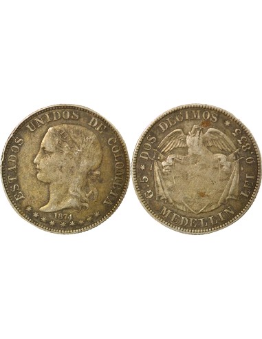 Colombie 2 decimos Argent 1874 Medellin