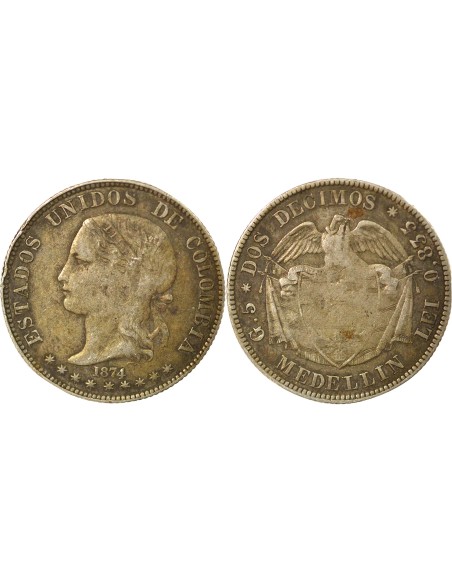 Colombie 2 decimos Argent 1874 Medellin