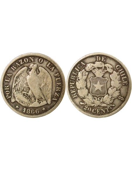 Chili 20 centavos Argent 1866 So Santiago