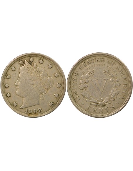 USA Liberty Nickel 5 cents Cupronickel 1908 Philadelphie