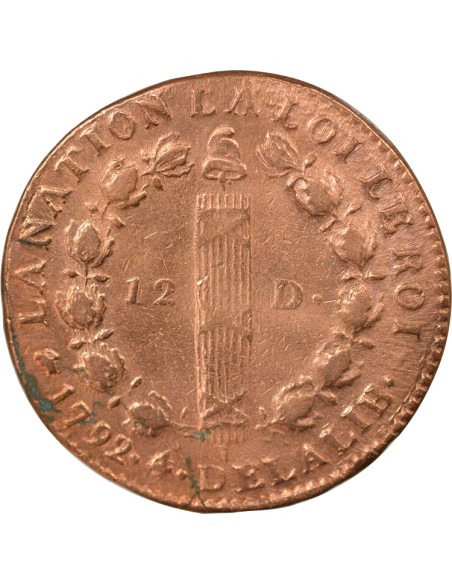 Louis XVI Au Faisceau 12 deniers Cuivre 1792 D Lyon