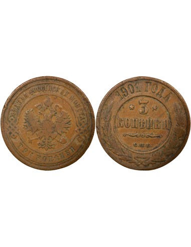 Russie Nicolas II 3 kopeks Cuivre 1901 Saint-Petersbourg